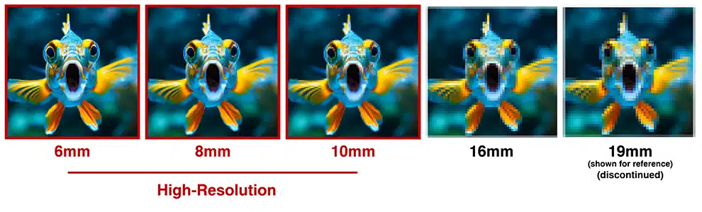 Side-by-side comparison of a electronic message center signs resolution, showing a fish in increasing levels of pixelation from 6mm, 8mm, 10mm, 16mm, to 19mm. The 6mm and 8mm resolutions are high-resolution, while the 10mm, 16mm, and 19mm show progressively more pixelation.